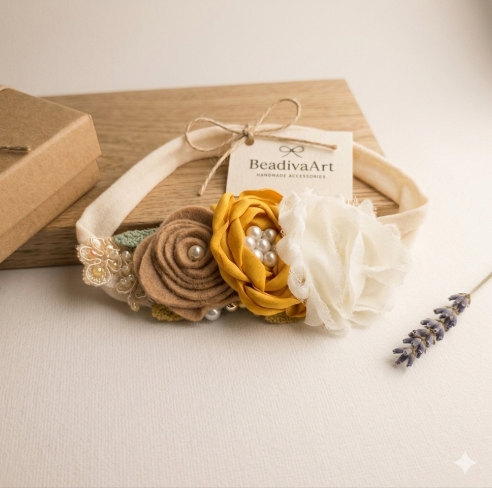 Handmade Floral Headband With Lace & Beads For Babys ✨